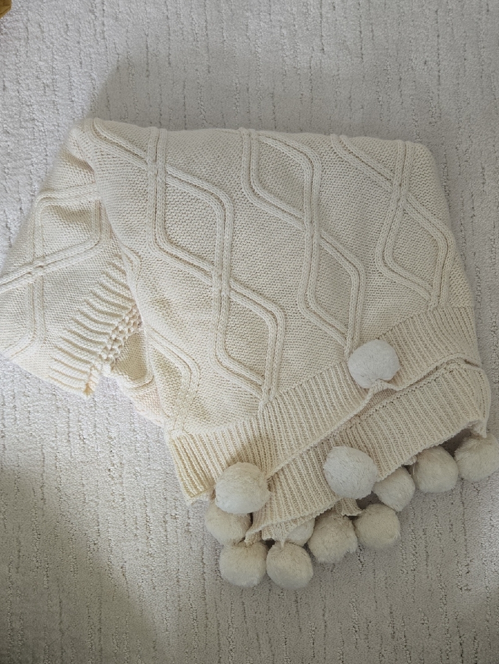 Cream Cable Knit Baby Throw Blanket with Pom-Poms